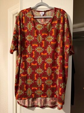 LuLaRoe Women's Irma Tunic in Red, Orange & Green Aztec Print